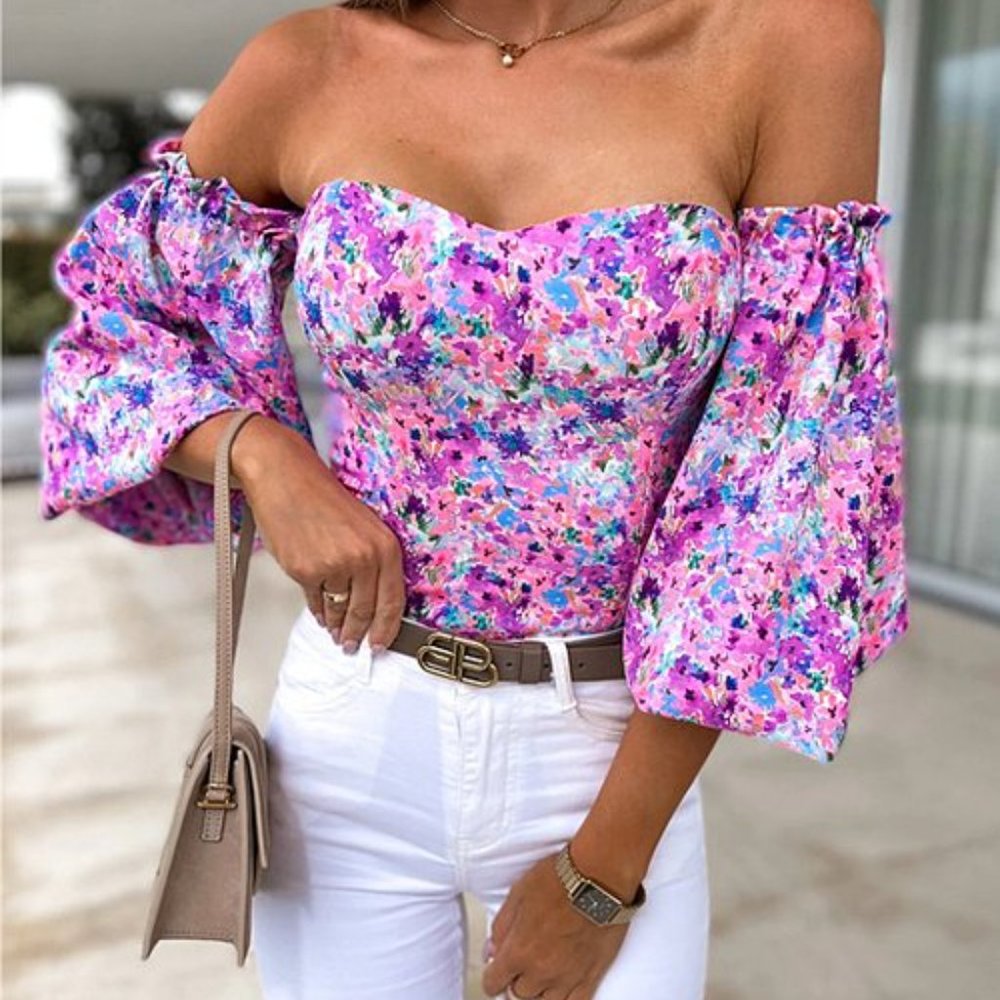 Camisa- purple floral puff sleeve off shoulder top